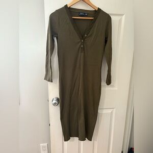 Polo Ralph Lauren green ribbed v neck dress bodycon suede trim and elbow large